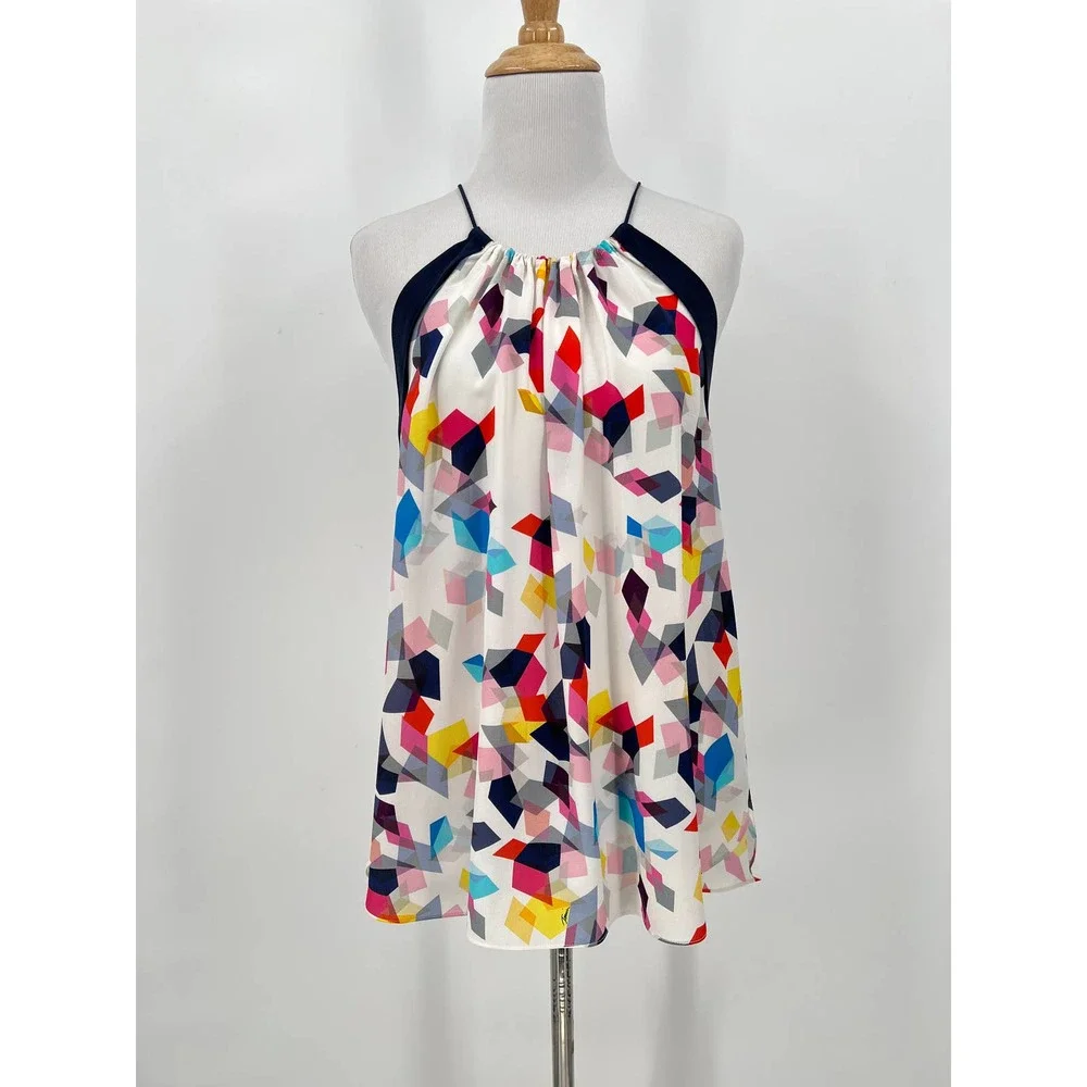 TRINA TURK Shirt Womens Small White Navy Silk Top Multicolored Geo Print Halter - Picture 1 of 9